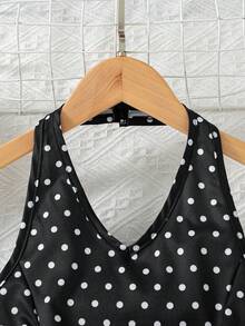 Conjunto de 2 piezas de top sin mangas con estampado de lunares y pantalones acampanados de unicolor para niñas, estilo casual para primavera/verano - Negro - Ver 4