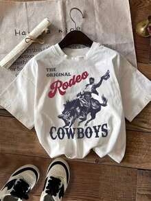 Tshirt Feminina Estilosa Estampada Rodeo Cowboys Lançamento Camiseta 100% Algodão Camisetão Solta Oversized Plus Size Camiseta - Branco - Visão 2