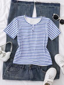 1pc Girls' Elastic Ribbed Fabric Casual Minimalist Classic Retro Ribbed Design Button Short Sleeve T-Shirt, Spring/Summer - Blue - View 8