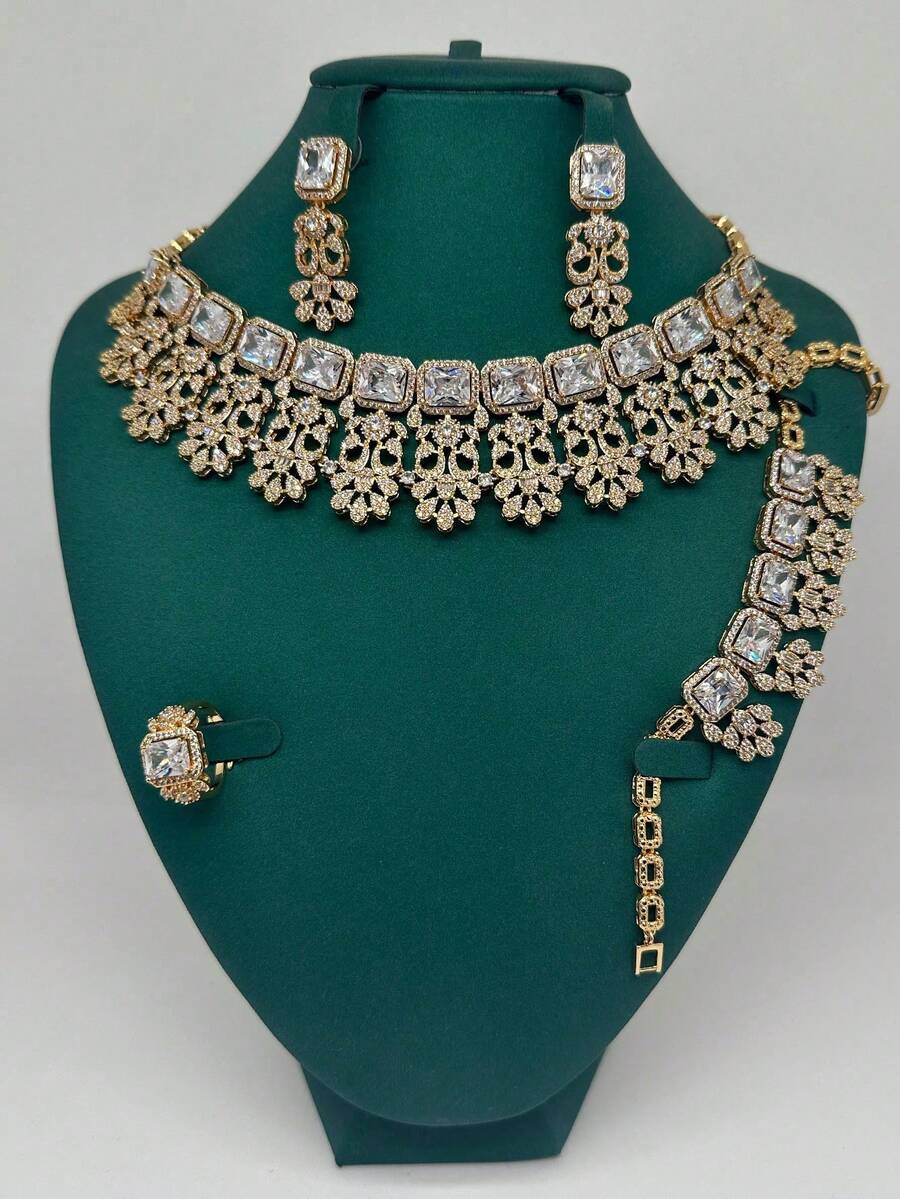 Set de 5 piezas de joyería de estilo europeo y americano de lujo con rubí, esmeralda y circonita cúbica de cobre exagerada. Incluye collar, aretes, anillo abierto y pulsera. Adecuado para banquetes, fiestas, novias y bodas. Regalo para madre, maestra o novia. - Dorado - Ver 1