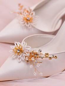 1pc Handmade Woven High Heel Shoe Decor, Pearl & Rhinestone Alloy Leaf Bride Wedding Shoe Clip HX08 - Gold - View 5