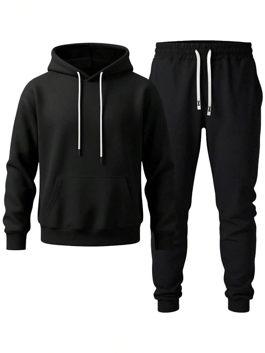 Men's Hooded Sweatshirt And Ankle Pants Two-Piece Set, Casual Pullover Top, Jogging Pants Set, Suitable For Mountaineering, Outdoor Hiking, And Travel - 黑色 - 查看 1
