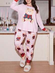 Plus Size Bear Print Contrast Color Long Sleeve & Pants Pajama Set - Pink - View 4