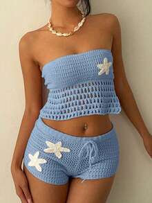 Bộ đồ hai mảnh dệt kim móc họa tiết sao biển phong cách boho gợi cảm thường ngày dành cho nữ. - Màu xanh nhạt - Xem 1