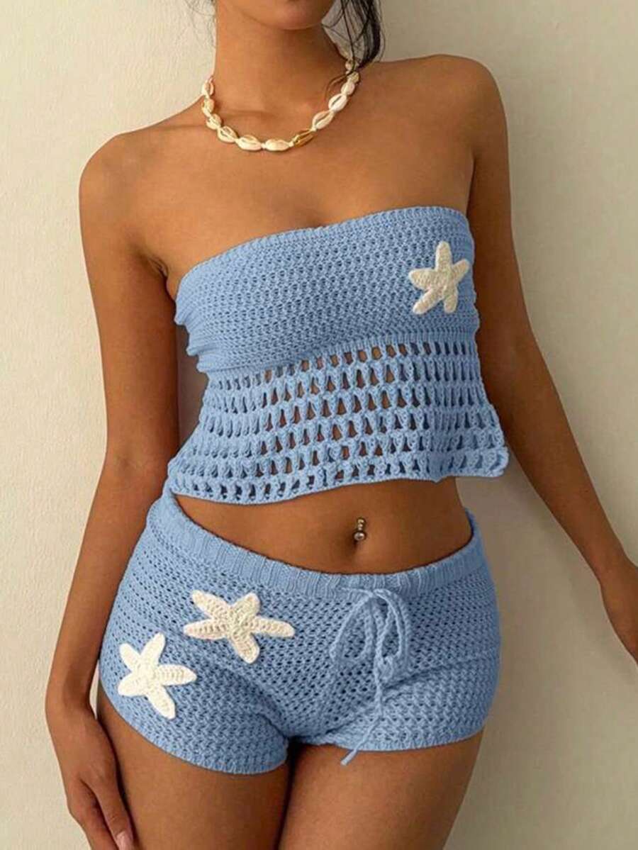 Bộ đồ hai mảnh dệt kim móc họa tiết sao biển phong cách boho gợi cảm thường ngày dành cho nữ. - Màu xanh nhạt - Xem 1