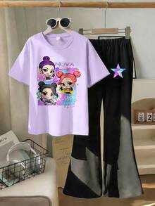 两件套女士休闲卡通图案圆领短袖上衣+喇叭裤套装，可爱卡通设计圆领T恤，舒适柔软喇叭裤，适合春夏韩版穿搭 - 彩色 - 查看 3