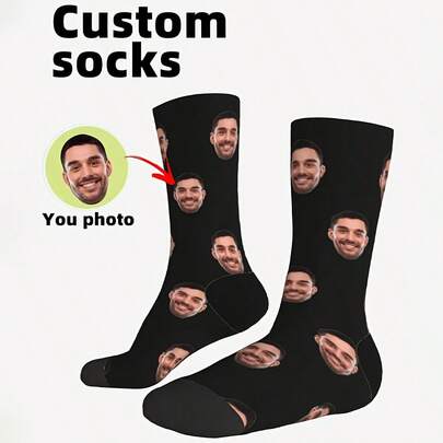1 Pair Personalized Photo Face Socks For Men - Picture Mid/Long Tube Socks With Your Own Photos, Funny Unique Gift Suitable For Valentine's Day, Birthdays, Gifts For Him
