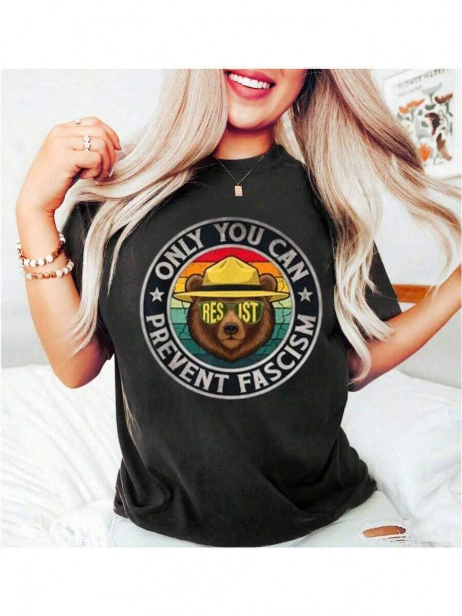 2026 Summer TopsOnly You Can Prevent Fescism Shirt, Trrmp Progressive Liberal Funny Political Gift Oversized Graphic Tees For Women,100% Cotton Womens Oversized Printed Graphic T-Shirts Women Casual Round Neck Short Sleeve Tee 1pcs Fashion Shirt, Halloween Gift, Xmas GiftLoose And Comfortableshirt - 圖案T卹001 - 查看 1