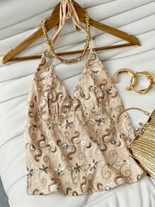 Summer Fashionable Sexy V-Neck Low-Cut Beaded Embroidery Design Spaghetti Strap Tie Strap Camisole For Women Casual Vacation - Champagne - View 3