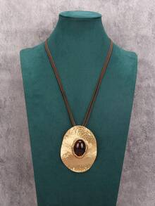 1件极简条纹圆形合金吊坠项链，镶嵌圆形红色树脂，男女通用，个性化编织棕色蜡绳长链，情侣礼物，音乐节派对礼物 - 金黃色 - 查看 7