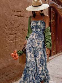 女士度假植物印花荷叶边褶皱吊带连衣裙，夏季优雅 - 藍色 - 查看 3