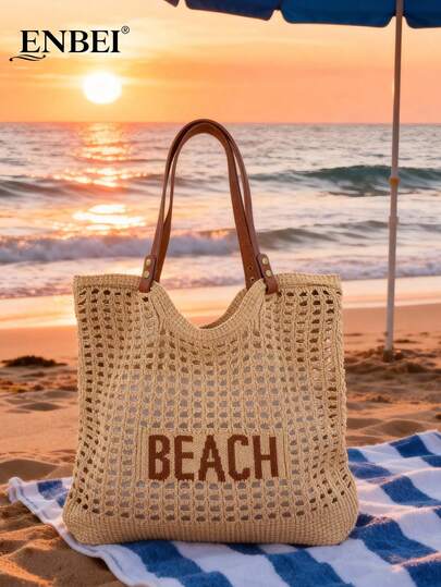  ENBEI 2026 Bolso de playa de estilo vintage para mujer de primavera/verano, con correa de hombro tejida a mano, gran capacidad, plegable, con diseño hueco elegante, bolso de mano para damas, esencial para viajes, adecuado para citas, salidas, compras, vacaciones, cruceros, perfecto para regalos del Día de la Madre, San Valentín o Día del Maestro