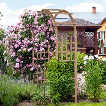 7FT Wooden Garden Arbor, Climbing Trellis, Plant Trellis, Flower Trellis, Wedding Arch Backdrop Stand For Ceremony Party, Garden Pergola With Trellis For Climbing Plants, Dark Brown