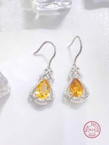 2件套时尚925银镶黄水晶吊坠耳环，适合女性日常佩戴、派对、节日、母亲节、结婚纪念日、生日等场合的珠宝礼物 - 銀色 - 查看 1