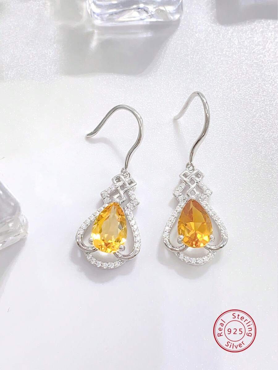 2件套时尚925银镶黄水晶吊坠耳环，适合女性日常佩戴、派对、节日、母亲节、结婚纪念日、生日等场合的珠宝礼物 - 銀色 - 查看 1