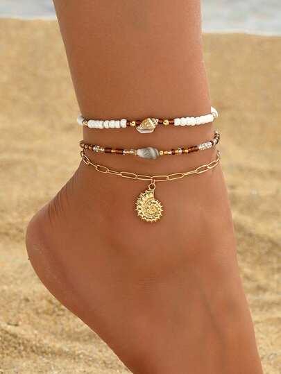 3pcs/Set Women Simple Rice Pearl & Seashell Beaded Anklet, Metal Seashell Pendant Foot Jewelry For Daily Wear And Beach Vacation, Seashell Size And Pattern Are Random