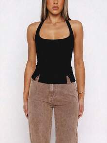 Sexy & Fashionable Versatile Backless Cropped Camisole Top With Fish Tail Hem, New Spring/Summer Outerwear Casual Black - Black - View 6