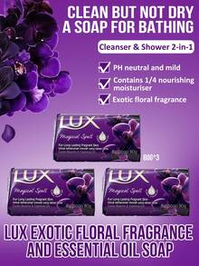 Lux 3 入組，每塊 80g。奢華茉莉杏仁油皂，富含保濕與抗菌茉莉杏仁精油，優雅清新自然，含 1/4 滋養乳霜，中性 pH 值且質地溫和，滋潤肌膚，沐浴與洗臉皂，含 1/4 滋養乳霜，中性 pH 值且質地溫和，滋潤肌膚，去除污垢與油脂，去除雜質，不緊繃，適合約會準備、節日禮物、全身沐浴。 - Exotic floral fragrance - 查看 1