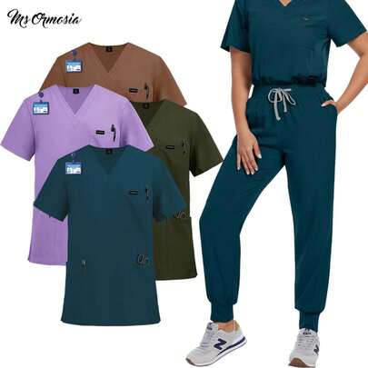 Summer Elastic Anti-Wrinkle Surgical Uniform Dentist Clinical Uniform Men Women's Jogger Suit Medical Scrub Top Pant With Pocket