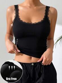 1pc Lace Patchwork Camisole Top With Padded Bust, Sexy Sleeveless Fitted Cropped Ribbed Tank Top, Suitable For All Seasons - Black - View 1