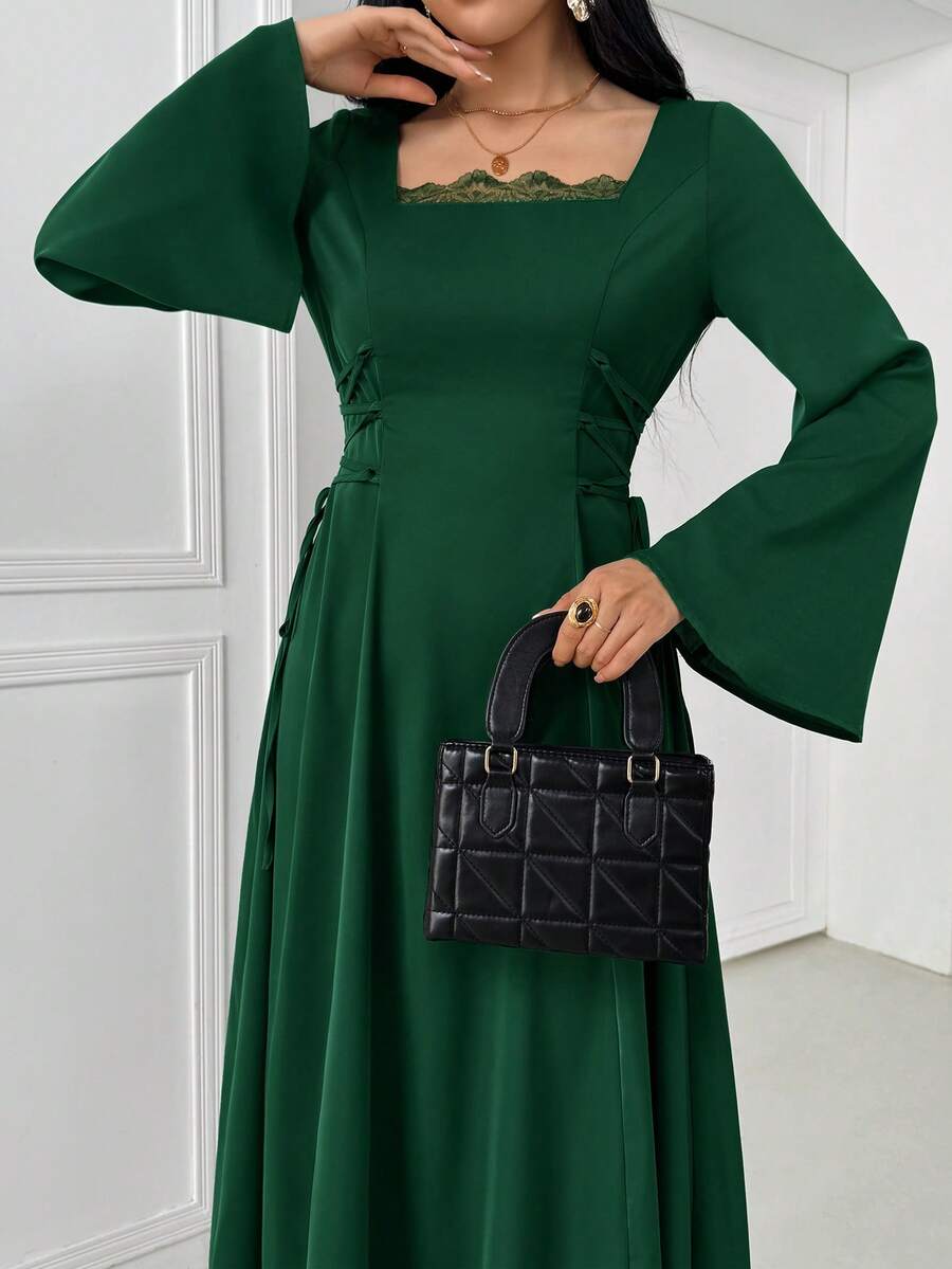 Elegant Apricot A-Line Cinched Waist Flare Sleeve Dress Maxi Satin Women Outfit Fall Cloth For Women, Spring/Summer - Dark Green - View 1