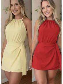 Women's Summer Fashion Jumpsuit Set - Duna - 兩件式 - 紅色和黃色連身衣 - 查看 2