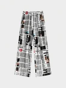 DEAR MOLLY Newspaper Print Wide Leg Pocket Pants, Casual High Waist Trousers, Suitable For Spring And Summer, Women's Casual Clothing - Multicolor - View 3