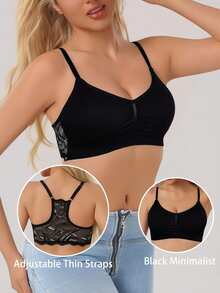 Women's Black Lace Sexy Racerback Wireless Comfortable Seamless Full Coverage Minimalist Bra - Black - View 5