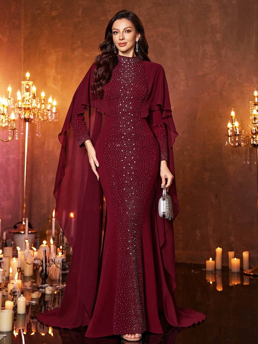 UNITHORSE Women's Stand Collar Sequin Embellished Long Sleeve Fitted Formal Dress - Burgundy - View 1