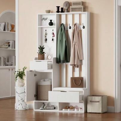 100*30*180cm Garderobenständer 6-in-1, mit 8 Haken, Schuhbank und Ablagen, Kippschutz, Kompaktgarderoben Mit Schubladen und Schränken, 100cm breit, Schuhschrank, weiß