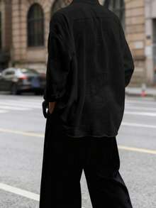 男士纯色长袖单排扣口袋宽松休闲衬衫，秋季款 - 黑色 - 查看 4