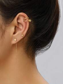 Nooxian 1 Set de Aretes con Cadena de Estrella Dorada + Brazalete de Estrella + Aretes de Bola Dorada de 3 piezas, Diseño de Nicho con Aretes Superpuestos, Estilo Dulce y Fresco, Combinación Versátil de Accesorios - Amarillo Oro - Ver 7