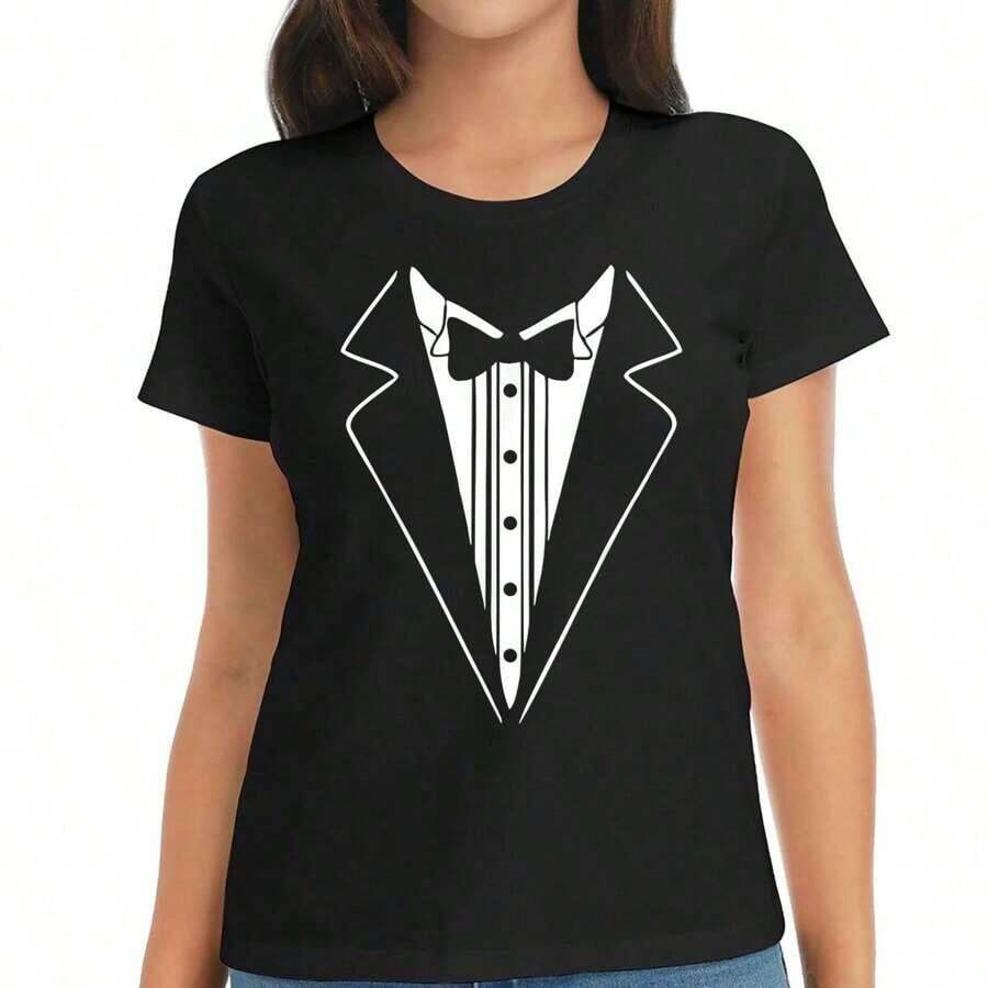 Womens Tuxedo White Funny T-Shirt, 220g Pure, Casual Crew Neck, Great For Weekend Road Trips And Social Outings. - Black - View 1