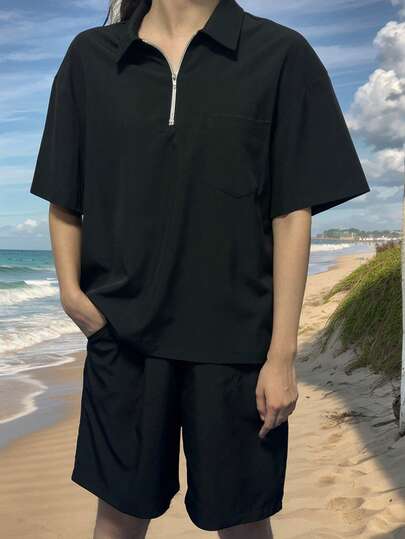 Men's Outdoor Set, Basic Half-Zip Short Sleeve T-Shirt And Drawstring Shorts, Suitable For Outdoor Sports, Running, Fitness, Etc.