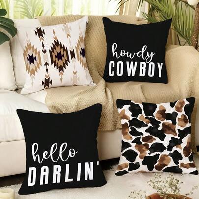 MEMNUN 4pcs American Western Cowboy Print Throw Pillow Covers [No Pillow Insert], 17.7*17.7in(45*45cm)/19.69*19.69in(50*50cm)/15.75*15.75in(40*40cm), [Single-Sided Printing] Howdy Cowboy & Hello Darlin' Classic Greeting Quotes, Cow Spot, Totem Geometric Western Style Cushion Covers For Sofa, Bed, Living Room, Bedroom, Car, Office, Hotel Decor, Suitable For All Seasons, Perfect Gift For Family And Friends