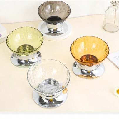 1pc Semi-Transparent Slanted Mouth High-Foot Electroplated Silver Base Pet Feeding Bowl, Efficient Neck-Protecting Base Design, Detachable Large Opening For Easy Feeding And Cleaning, Washable