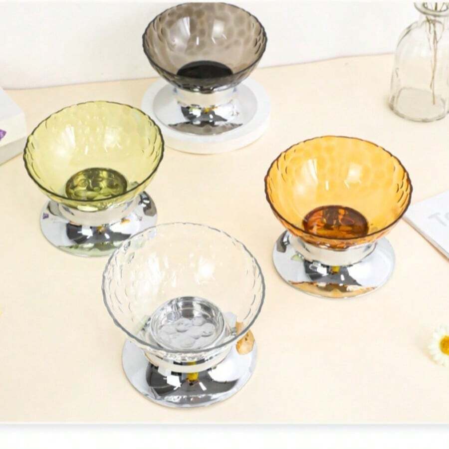 1pc Semi-Transparent Slanted Mouth High-Foot Electroplated Silver Base Pet Feeding Bowl, Efficient Neck-Protecting Base Design, Detachable Large Opening For Easy Feeding And Cleaning, Washable - 300ml - View 1