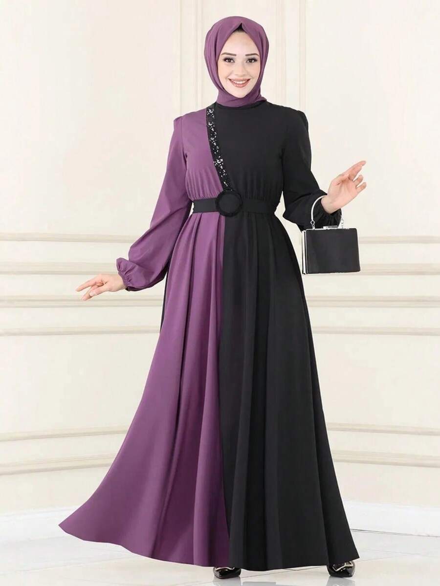 女士现代时尚撞色高腰水钻装饰睡袍 春季
