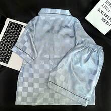 Ice Silk Short-Sleeved Pajamas Loungewear Summer Thin Plaid Pajamas Women's Sweet And Cute Silk Two-Piece Suit Summer LoungewearLeisure, Anti-Static, Breathable, For Sleeping, For Bathing, Elastic, Antibacterial, For Home Use, Warm, Comfortable, Moisture-Wicking And Breathable, Can Be Worn Outdoors - 藍色格子雙短 - 查看 9