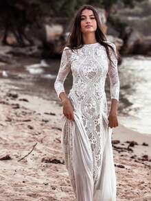 Celebrity Banquet Wedding Dress Crew Neck Long Sleeve Print Backless Lace Dress - White - View 4