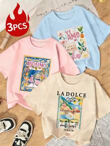 Set de 3 camisetas de mujer de manga corta con cuello redondo, estampado de coche eléctrico con letras y pintura de colores, de estilo casual y versátil, adecuado para uso diario, vacaciones y primavera-verano - Multicolor - Ver 8