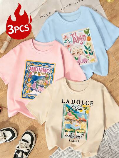 3件套女士休闲彩色字母涂鸦风格电动汽车印花圆领短袖T恤套装，时尚百搭，适合女士上衣、假日及春假穿着