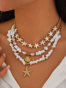 1 Set de 3 o 4 piezas de collar con colgante de aleación de zinc con conchas y estrellas de mar con perlas ABS falsas, regalo de vacaciones de verano y uso diario - Amarillo Oro - Ver 10