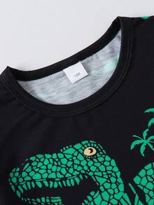 Set de 2 piezas de camiseta de cuello redondo y pantalones cortos con estampado de dinosaurio para niño pequeño, informal para vacaciones de verano y escuela, 4-7 años - Negro - Ver 7