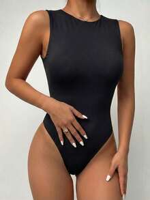 ChicMe Áo liền quần không tay cổ tròn ôm sát dành cho nữ, kiểu dáng cơ bản thường ngày. - màu đen - Xem 1