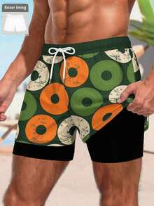 Men's Donut Print Drawstring Waist Double-Layer Beach Shorts - Multicolor - View 3