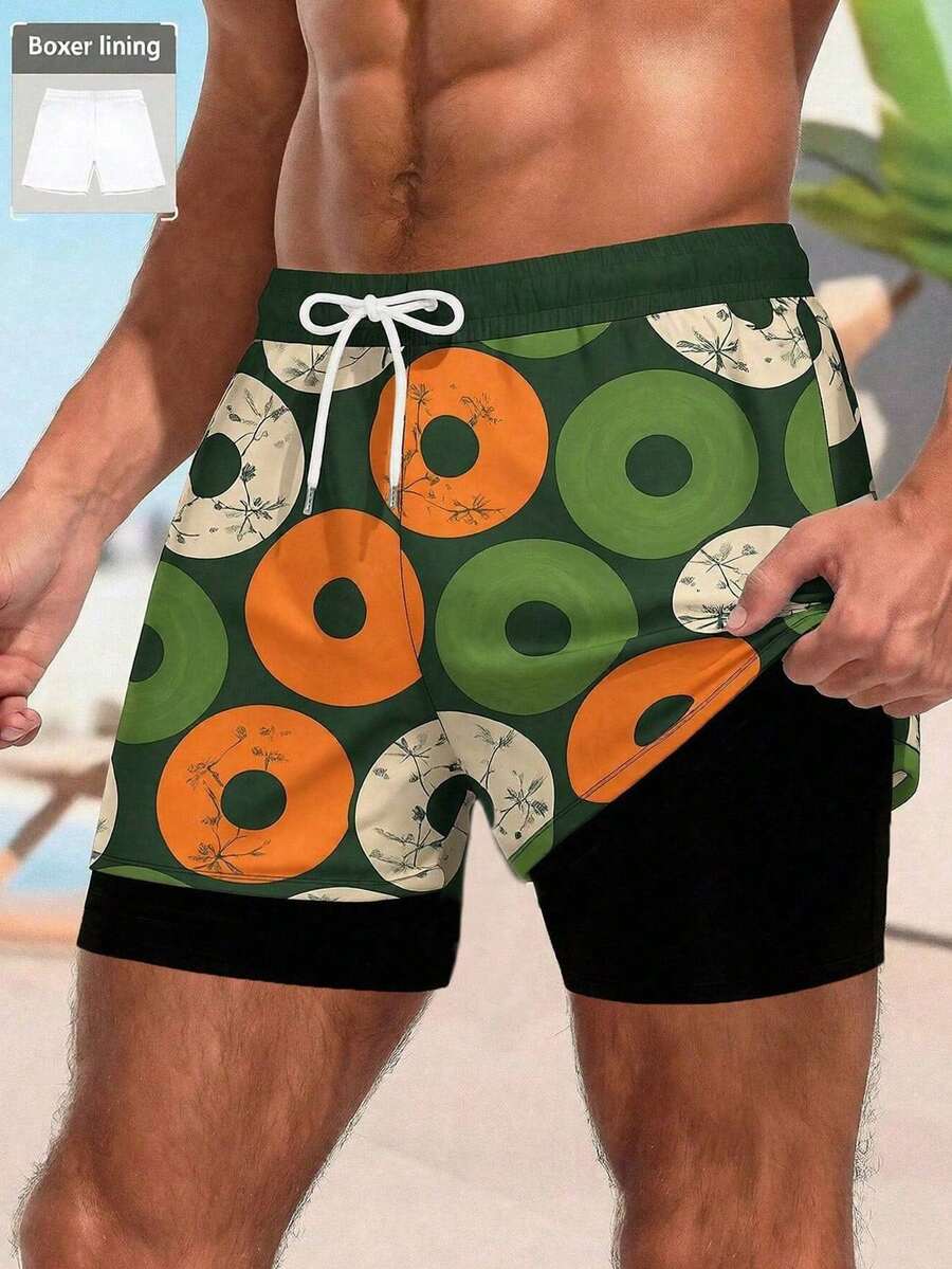 男士甜甜圈印花抽绳腰双层沙滩短裤 - 彩色 - 查看 1