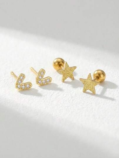 2对/套 小巧精致的金色爱心喷砂五角星装饰耳钉，适合女性在节日、情人节派对上佩戴，可叠戴，是绝佳的配饰。