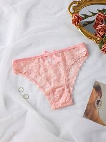 1条粉色浪漫蕾丝蝴蝶结后背女士内裤，柔软舒适女士内衣 - 粉色 - 查看 2