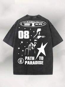 2026 Summer TopsMen's T-Shirt, Distressed Washed Pure Cotton Round-Neck Men's Short-Sleeved Shirt, Featuring The Number "08" And Star-Letter Pattern On Both Sides Of The Print, With A Casual Street Style, Suitable For Summer Men's Clothing. Loose And Comfortableshirt - 黑色 - 查看 3